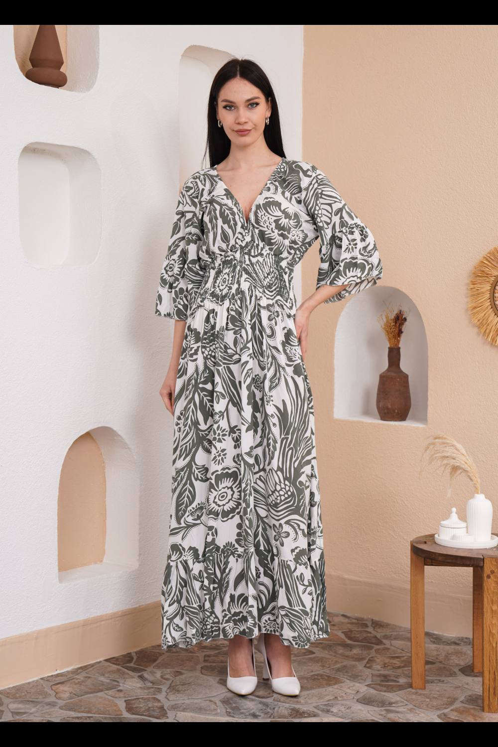 Hoxton Gal Oversized V Neck Shirred Waist Floral Print Maxi Dress In Khaki