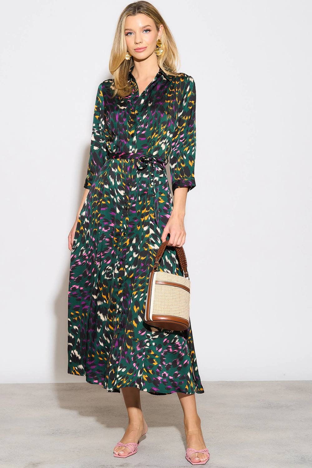 Love Sunshine Emerald Leopard Print Satin Maxi Shirt Dress In Green