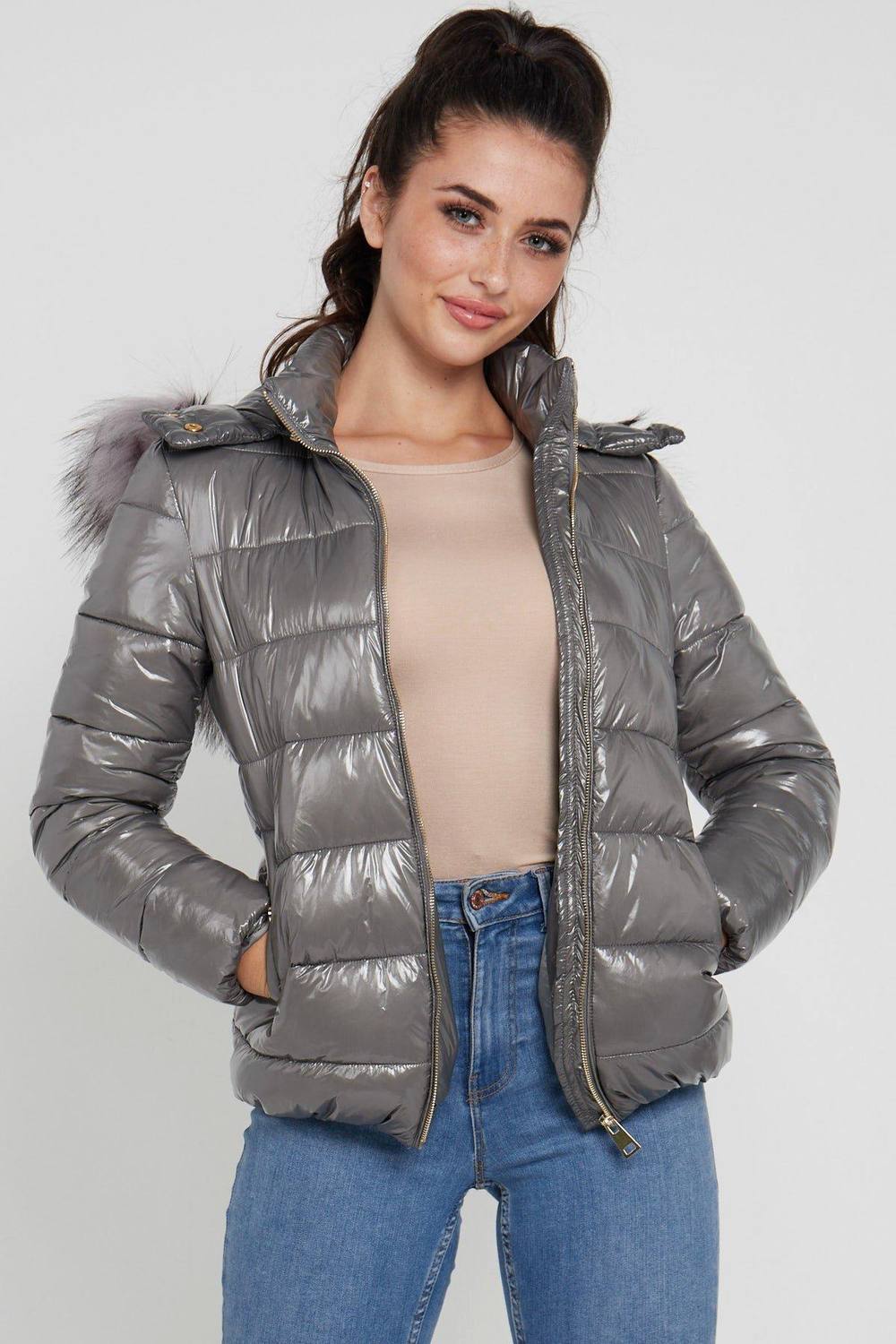 Love Sunshine Elastic Waist Shiny Puffer Jacket With Faux Fur On Hood In Grey