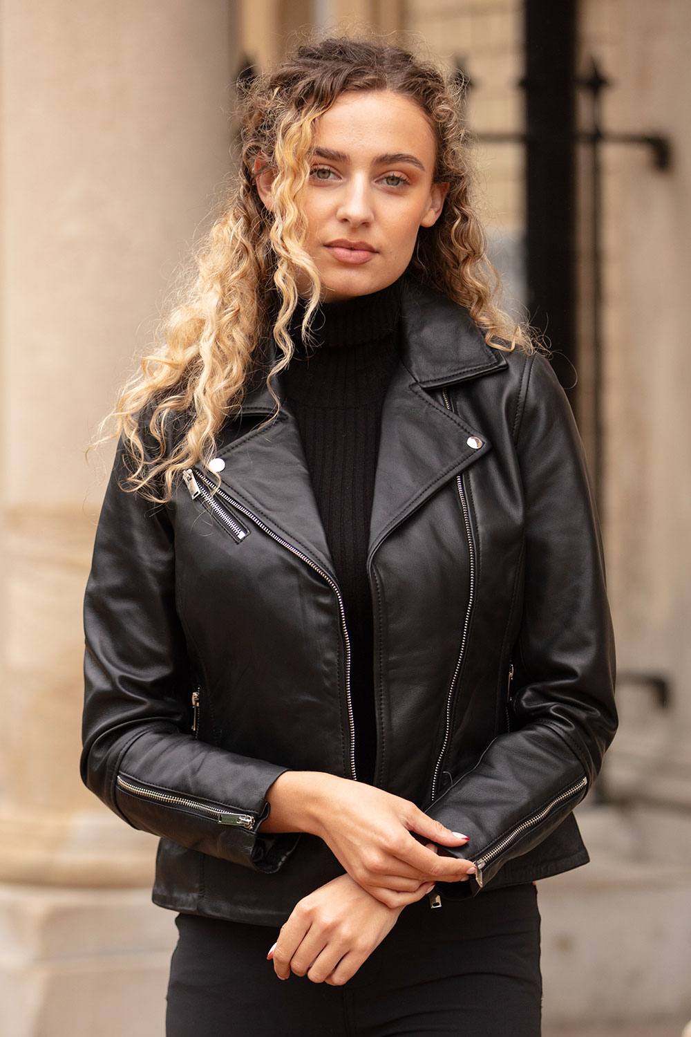 Ashwood Leather 'giulia' Ladies Veg Tanned Leather Biker Jacket In Black