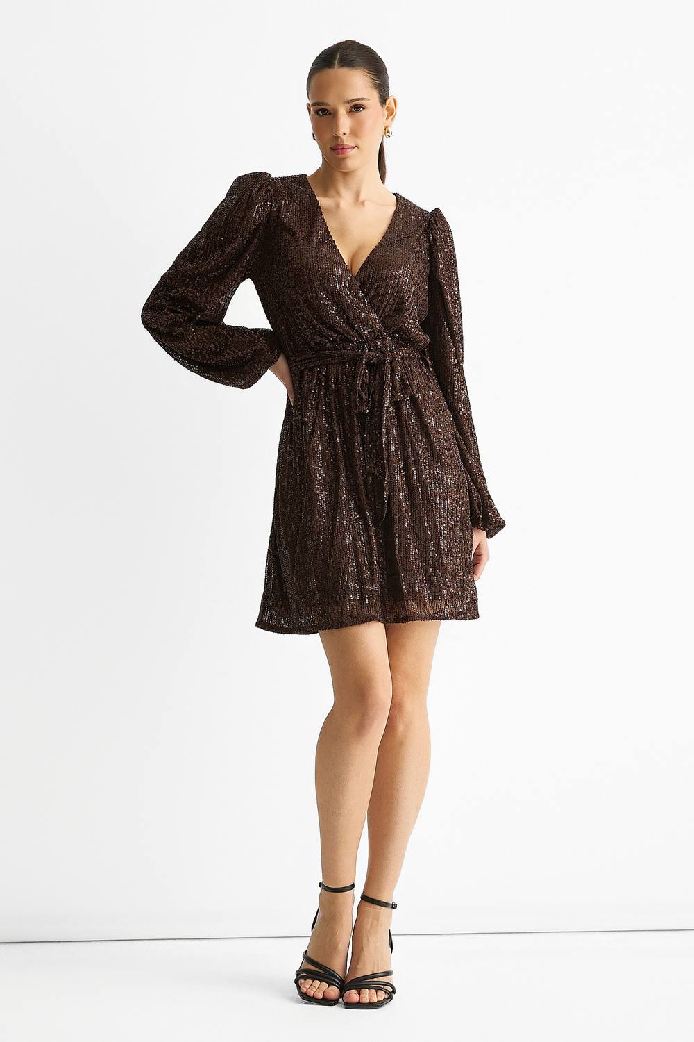 Gini London Chocolate Sequin V Neck Belted Mini Dress In Brown