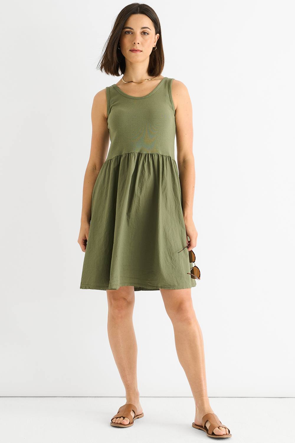 Gini London Khaki Cotton Rib Top Skater Mini Dress