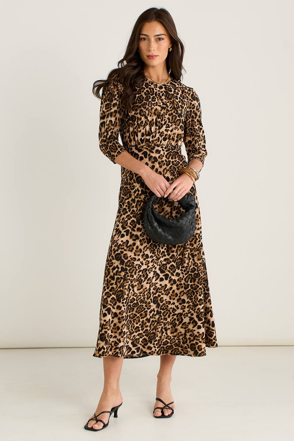 Gini London Brown Animal Print Satin Animal Shift Midi Dress