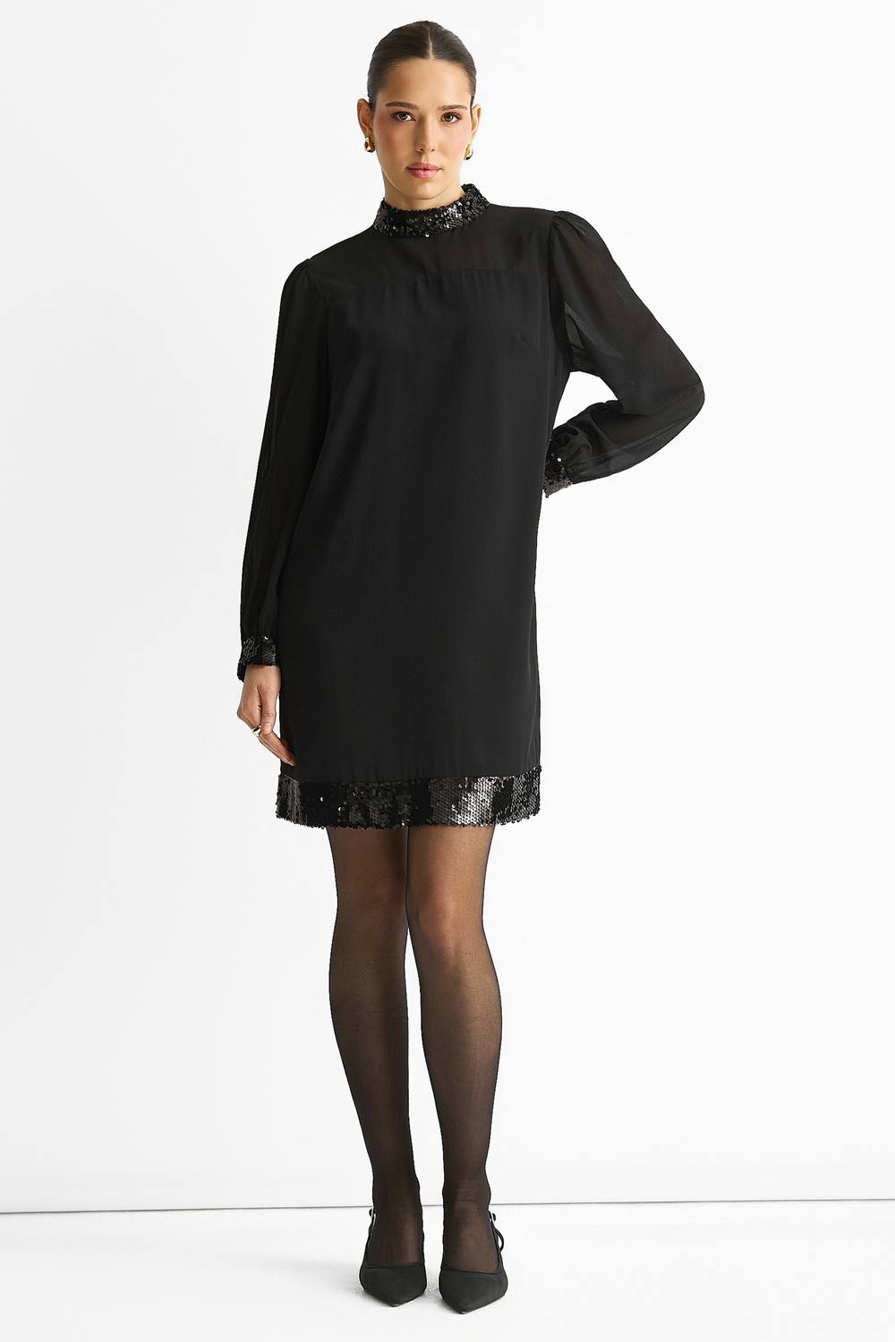 Gini London Black Sequin Trim High Neck Belted Mini Dress