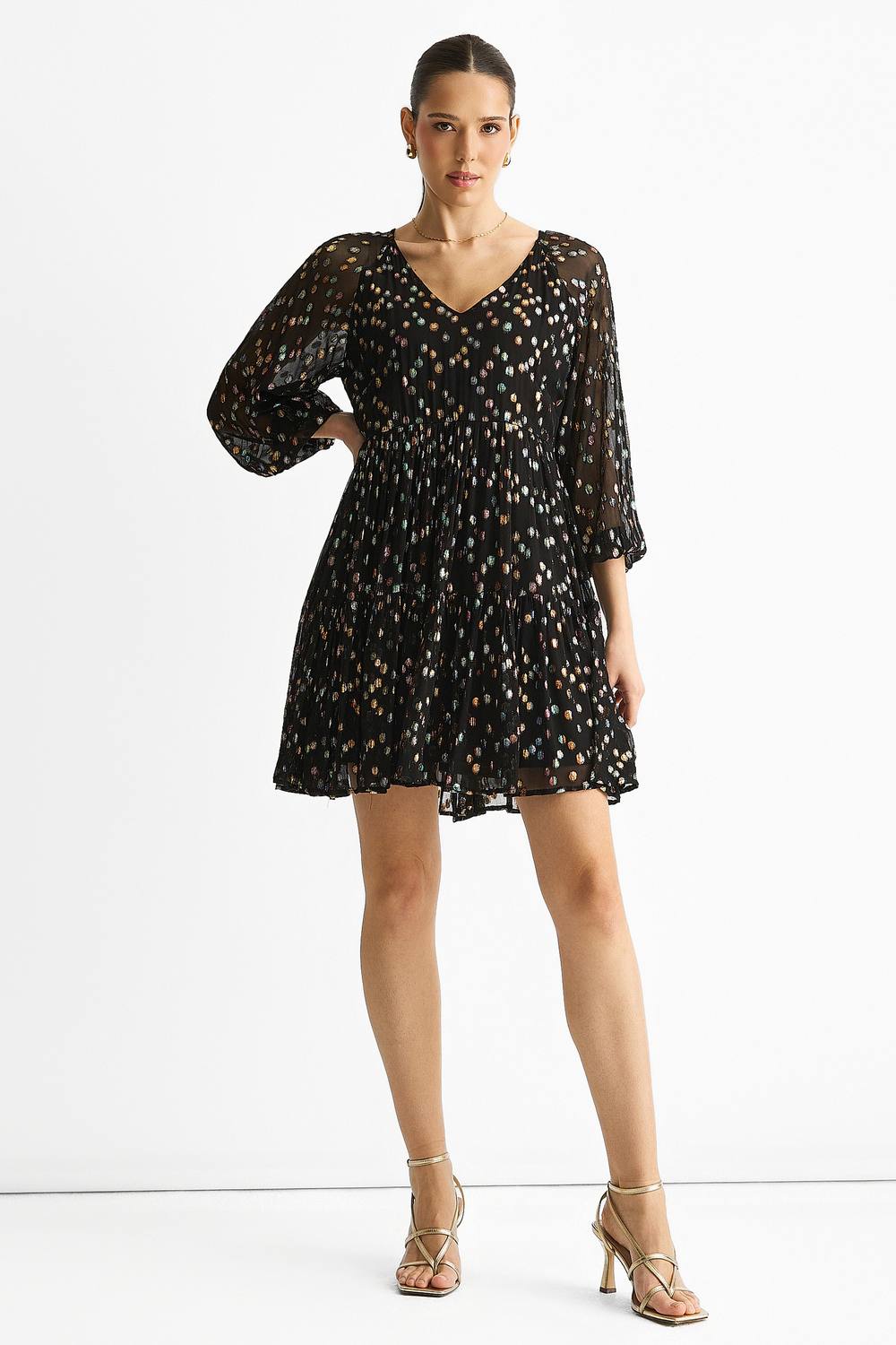 Gini London Black Multicolored Spot Viscose Clipped Jacquard Mini Tiered Dress