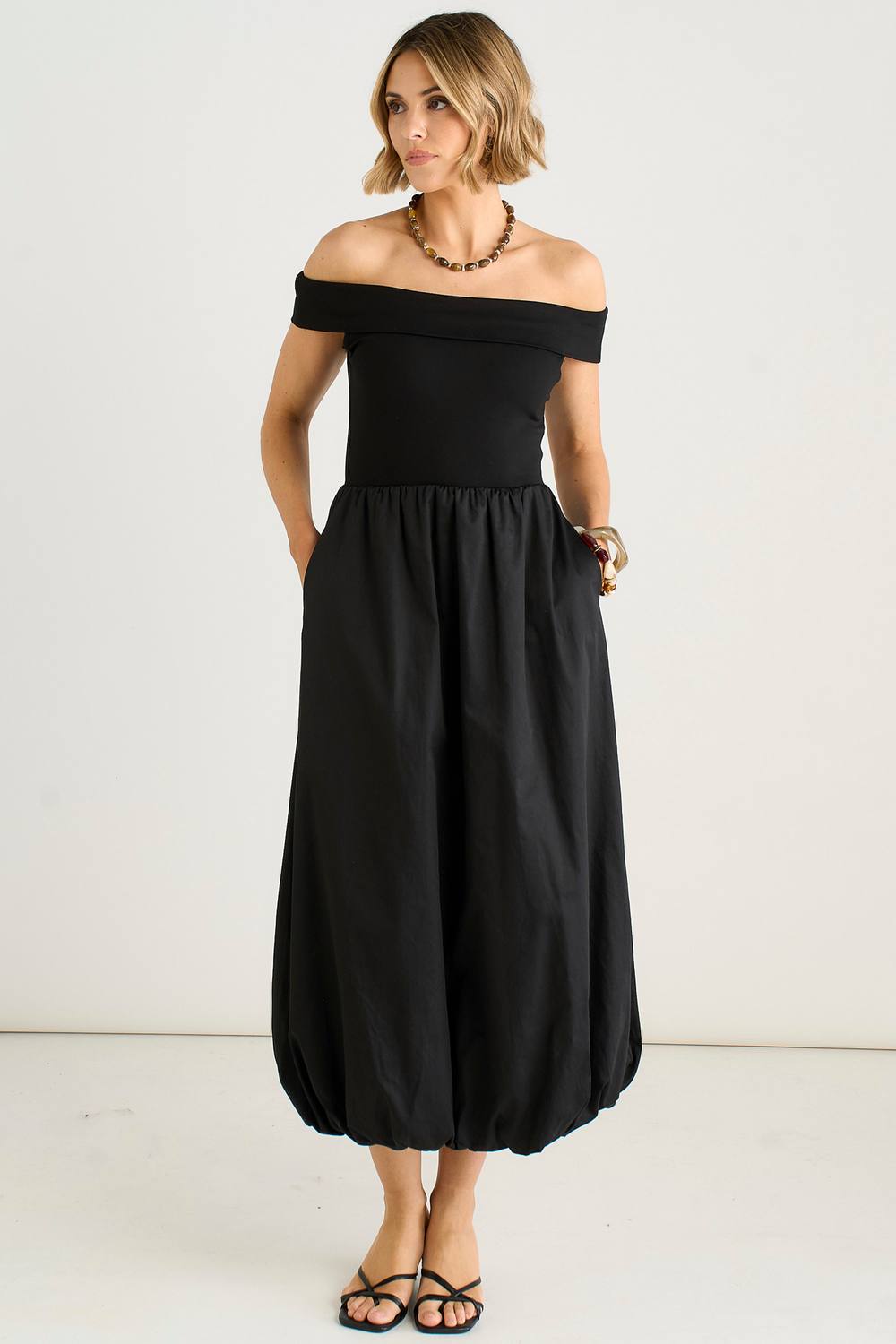 Gini London Black Bardot Jersey Mix Puff Ball Midi Dress