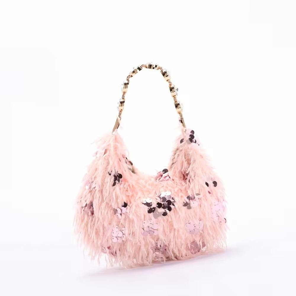Peach Accessories Faux Feathers & Sequin Hobo Bag With Crystal Handle In Baby Pink
