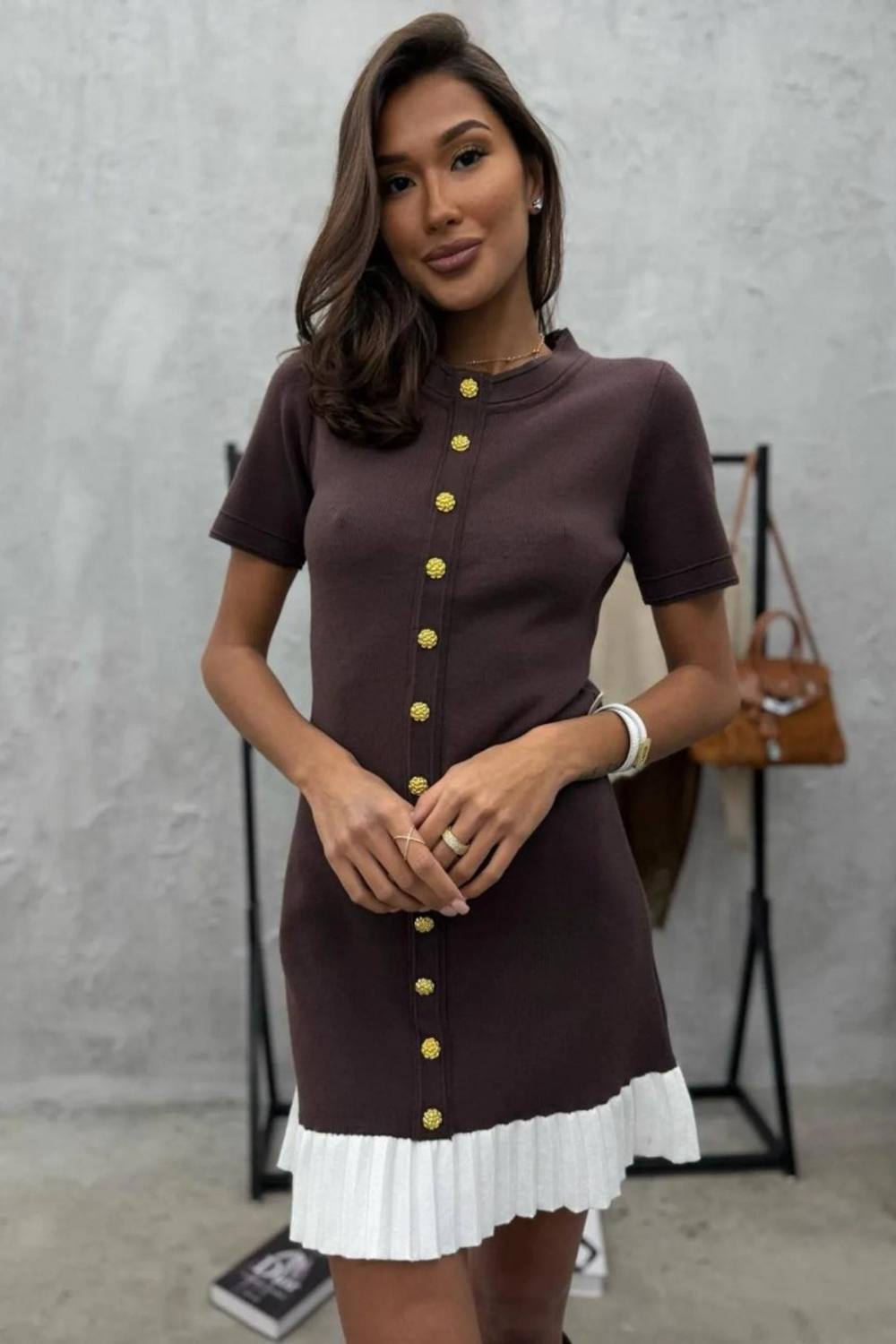 Peach Accessories Knit Mini Dress With White Pleated Trim In Brown