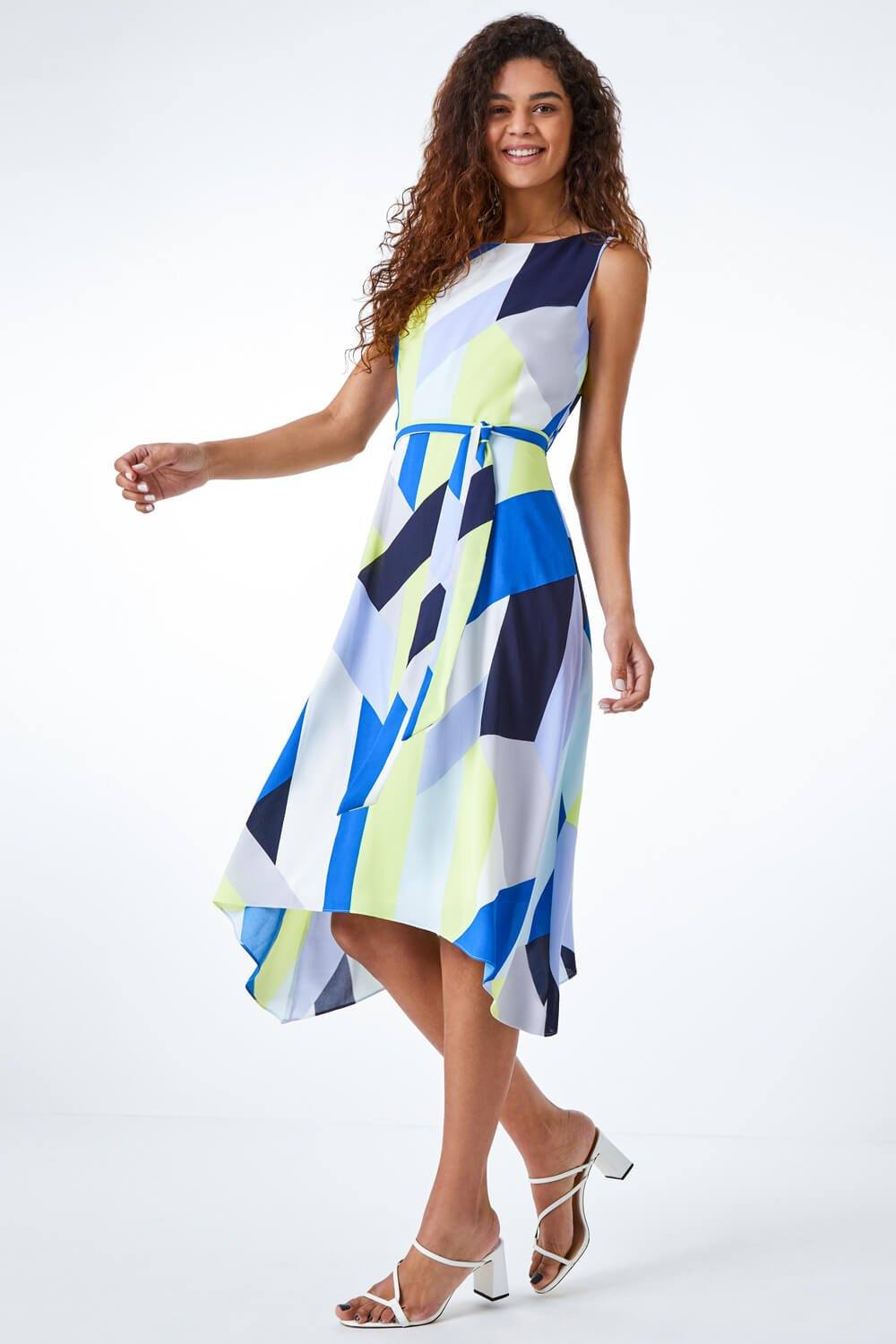 Roman Geo Print Asymmetric Fit And Flare Dress In Blue