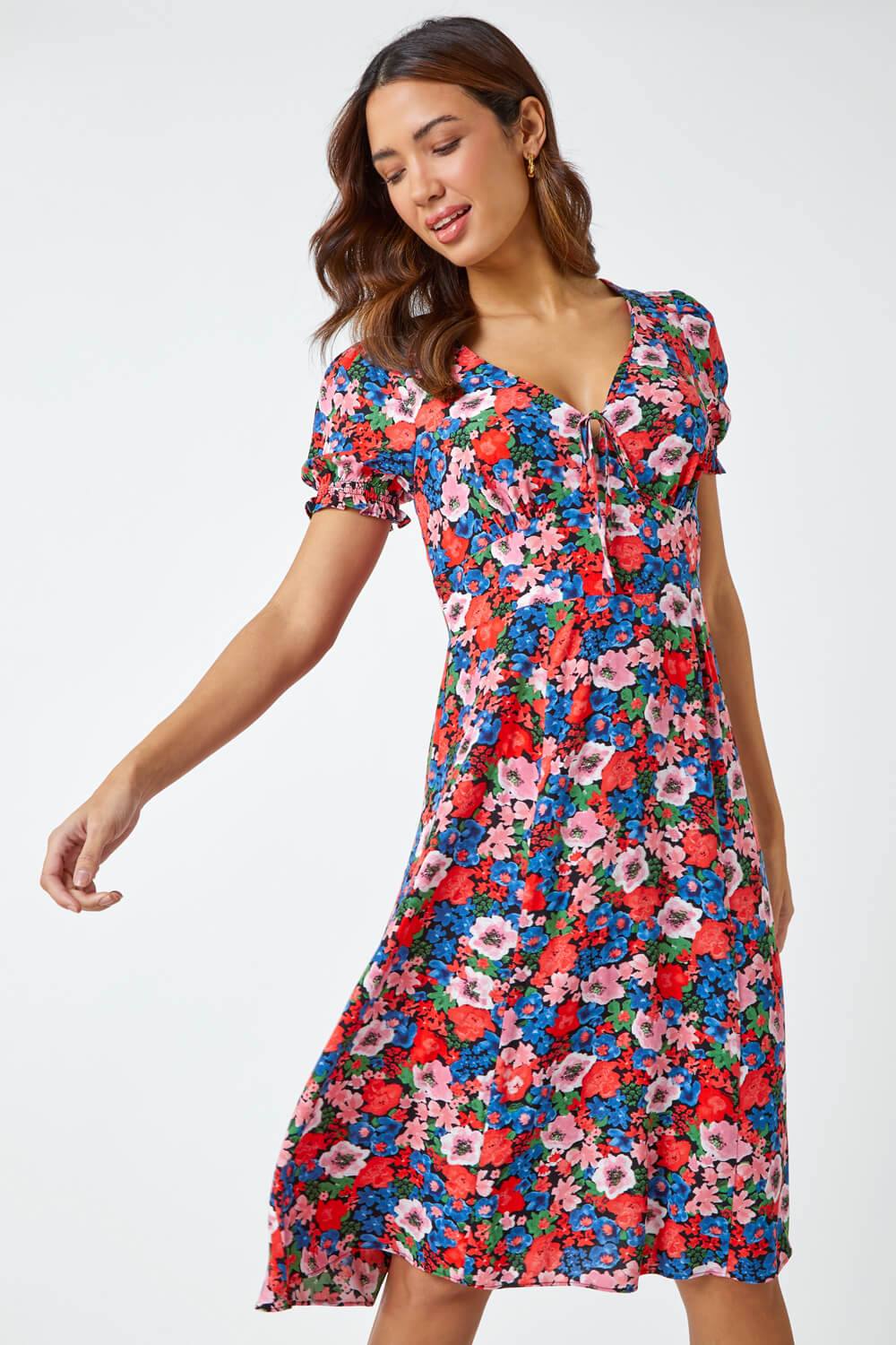 Roman Frill Sleeve Floral Tea Dress In Red