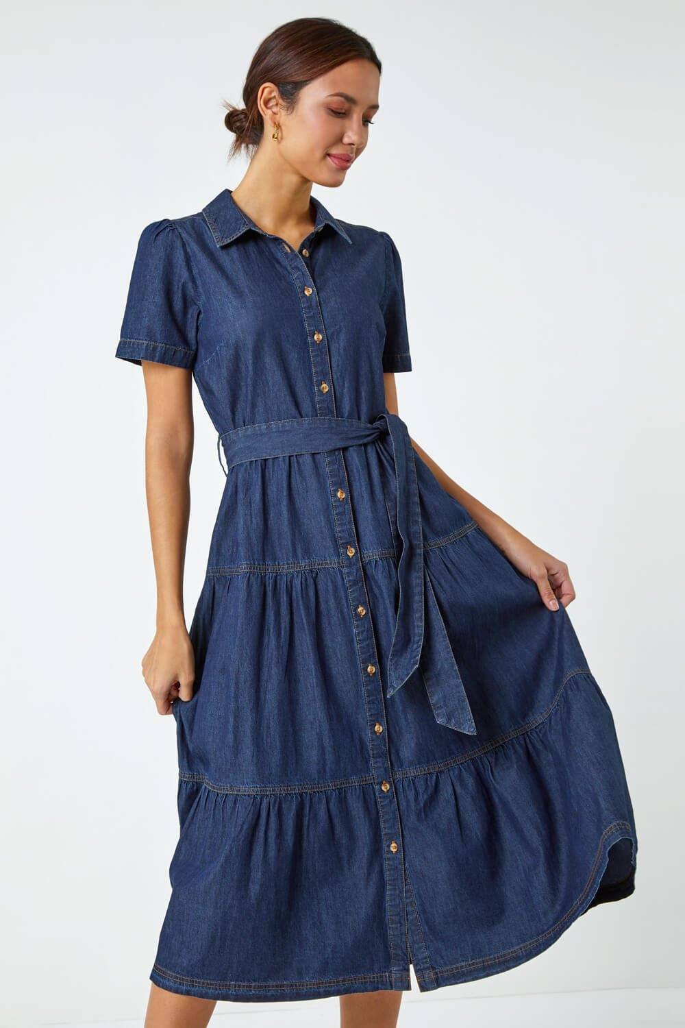 Roman Denim Tiered Cotton Midi Dress In Blue