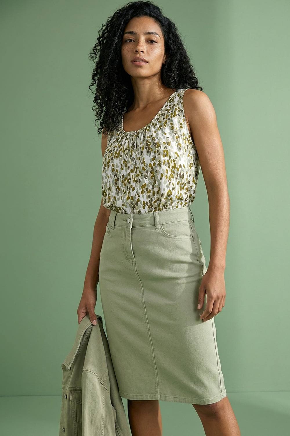 Roman Cotton Denim Stretch A Line Skirt In Dark Green