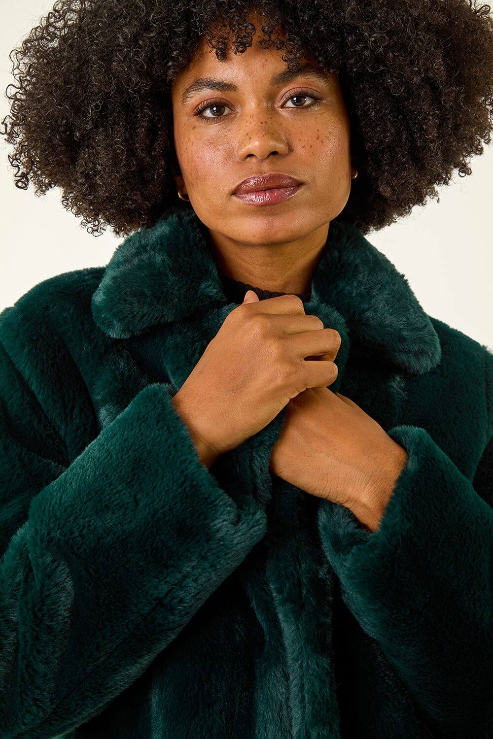 Roman Faux Fur Longline Coat In Emerald