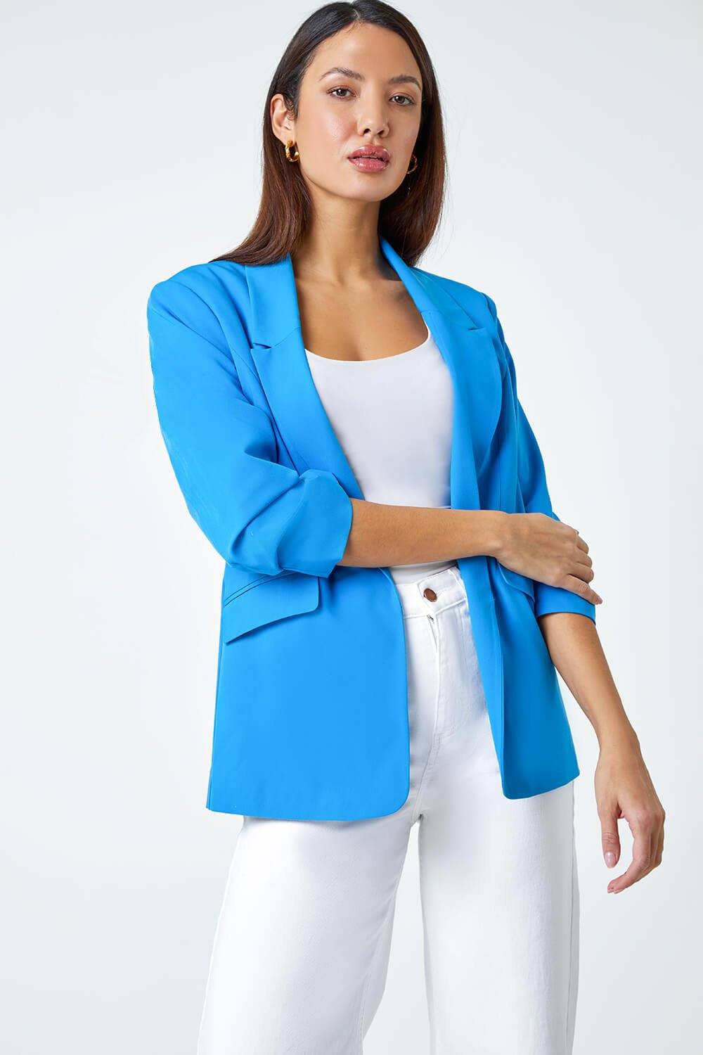 Roman Ruched Sleeve Stretch Blazer In Blue