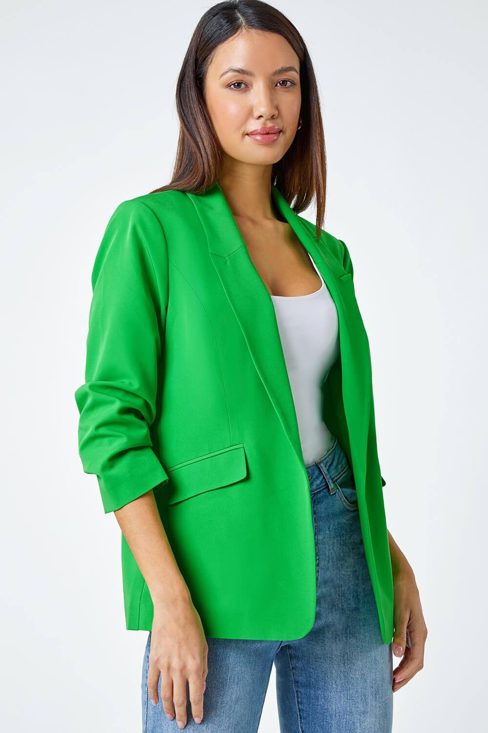 Roman Ruched Sleeve Stretch Blazer In Green