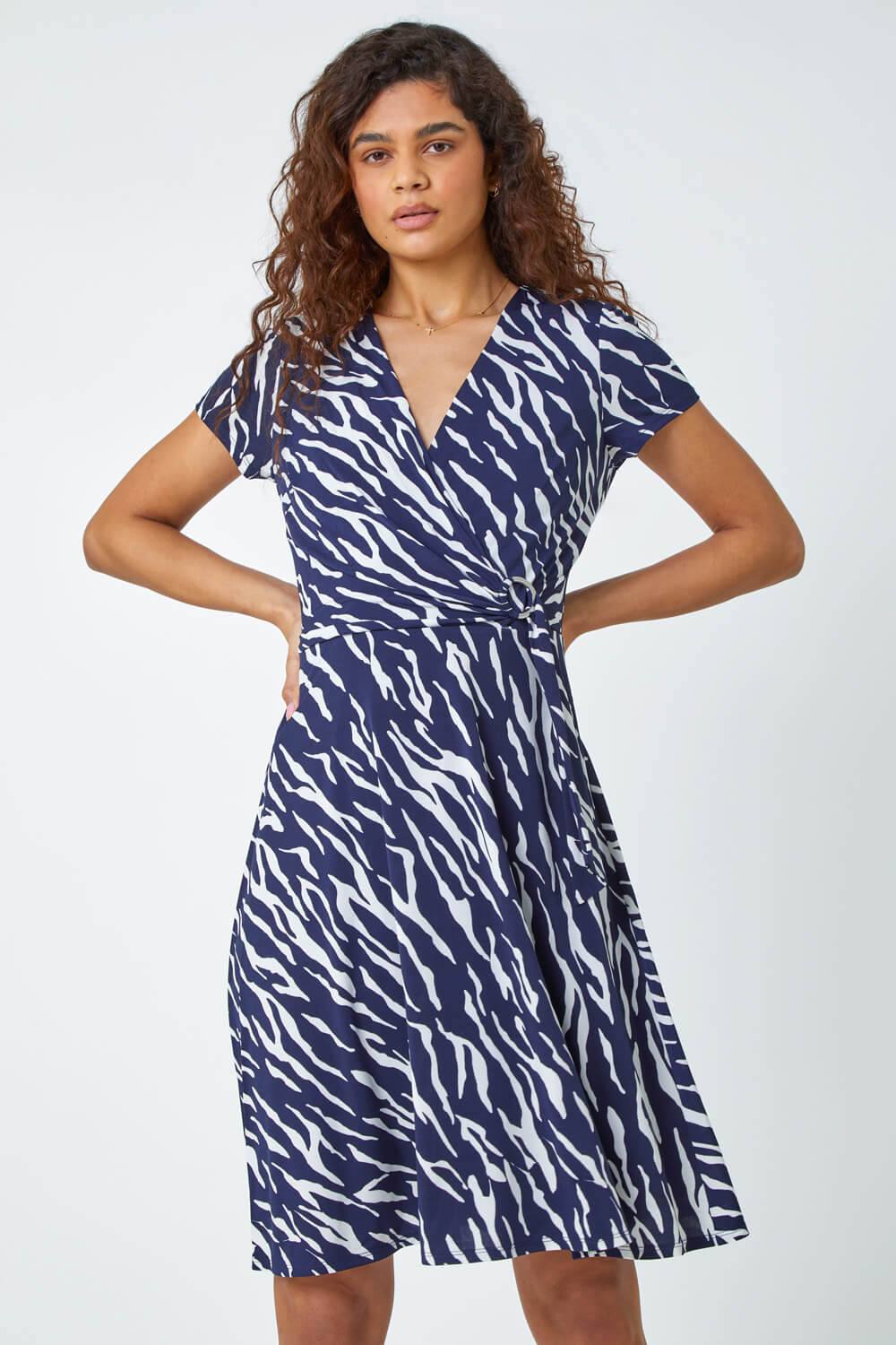 Roman Zebra Print Stretch Wrap Skater Dress In Navy