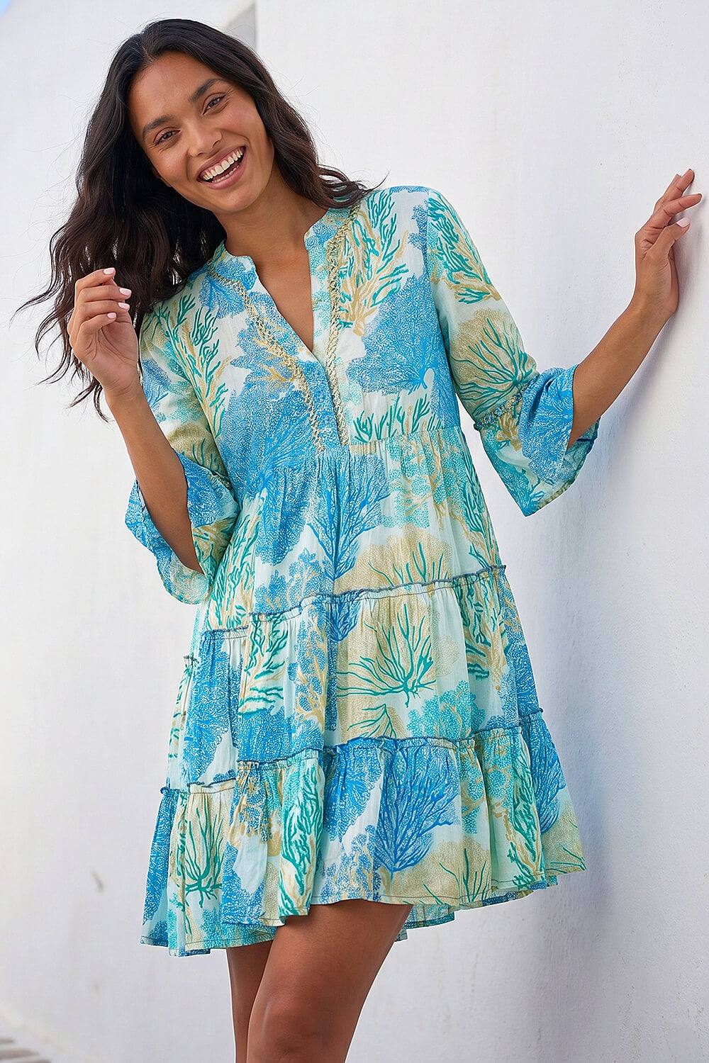 Roman Embroidered Cotton Printed Frill Smock Dress In Blue