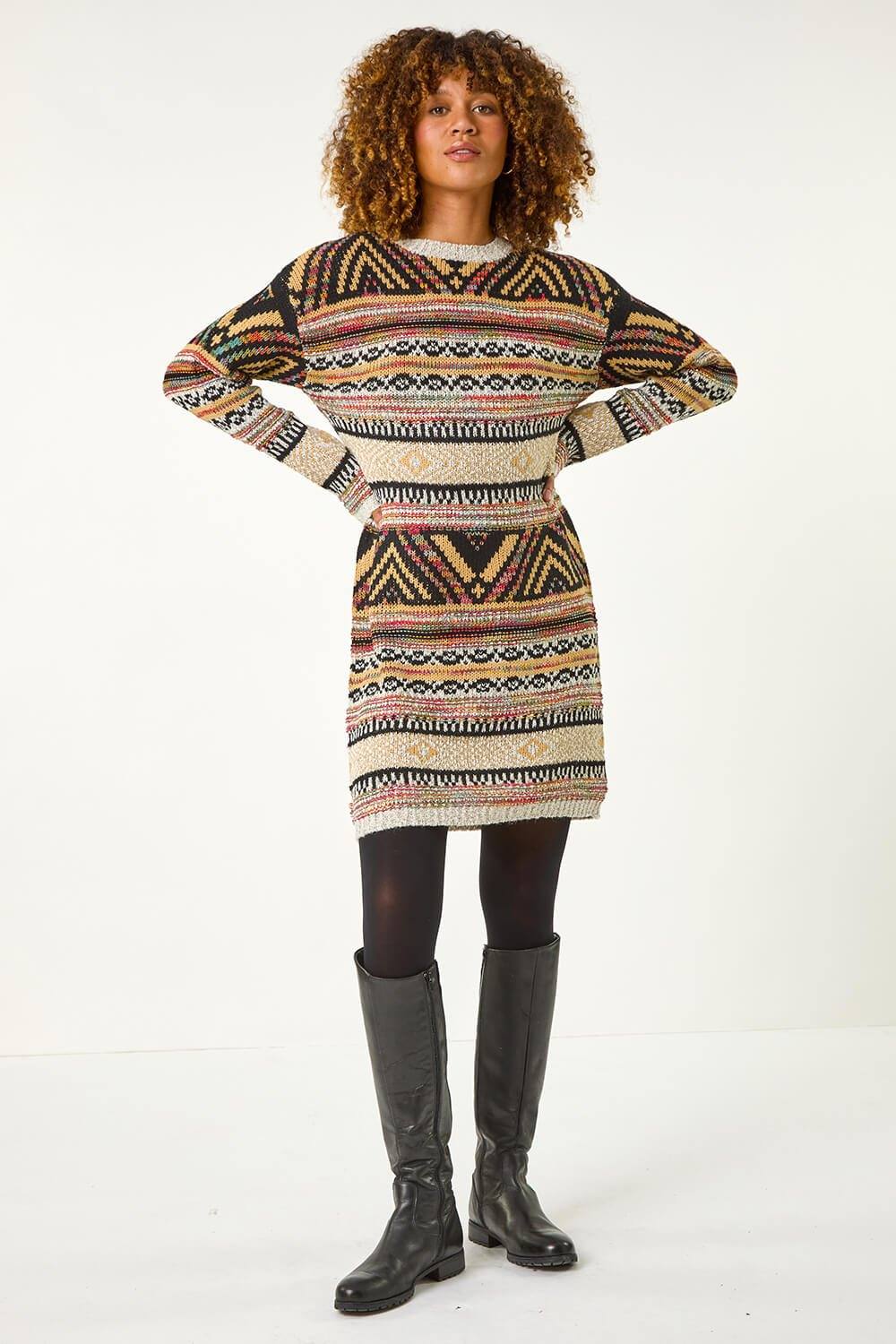 Roman Aztec Pattern Knitted Dress In Ivory