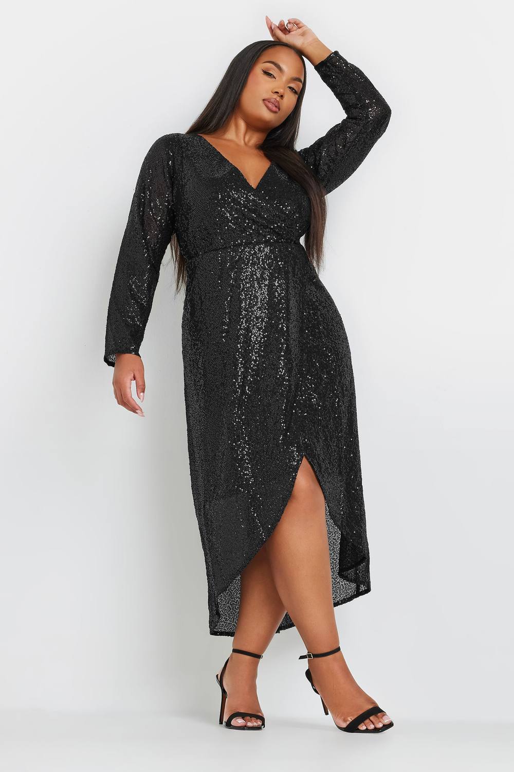 Yours Sequin Embellished Wrap Dress In Black