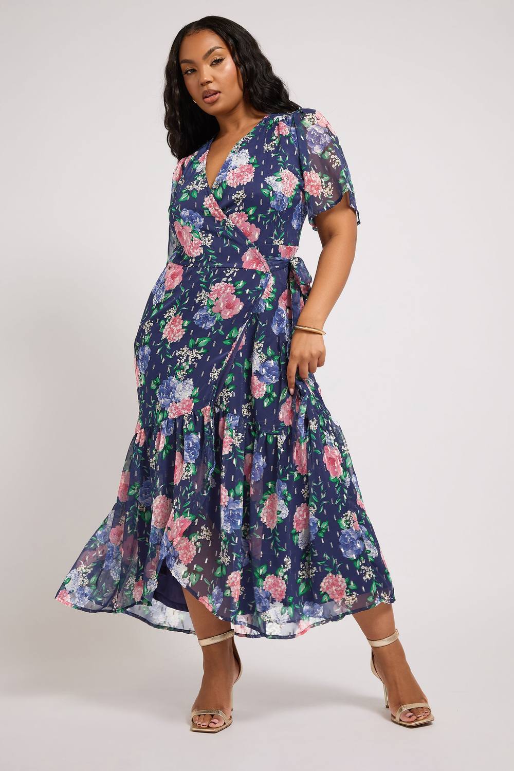 Yours Floral Metallic Wrap Dress In Dark Navy