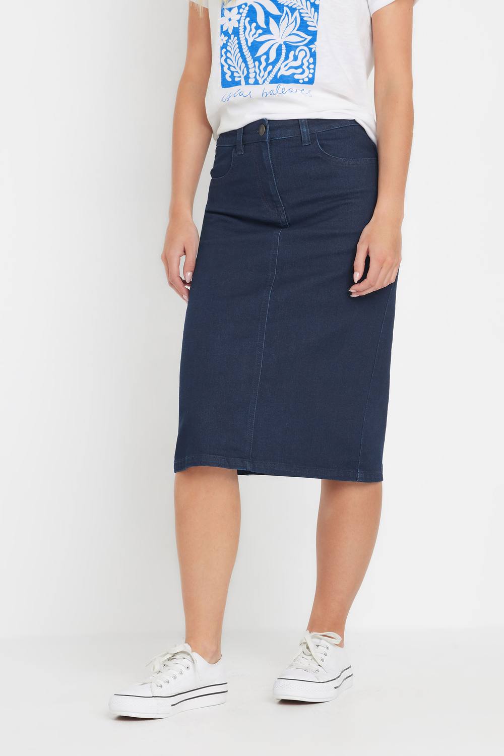 M&co Petite Midi Denim Skirt In Blue