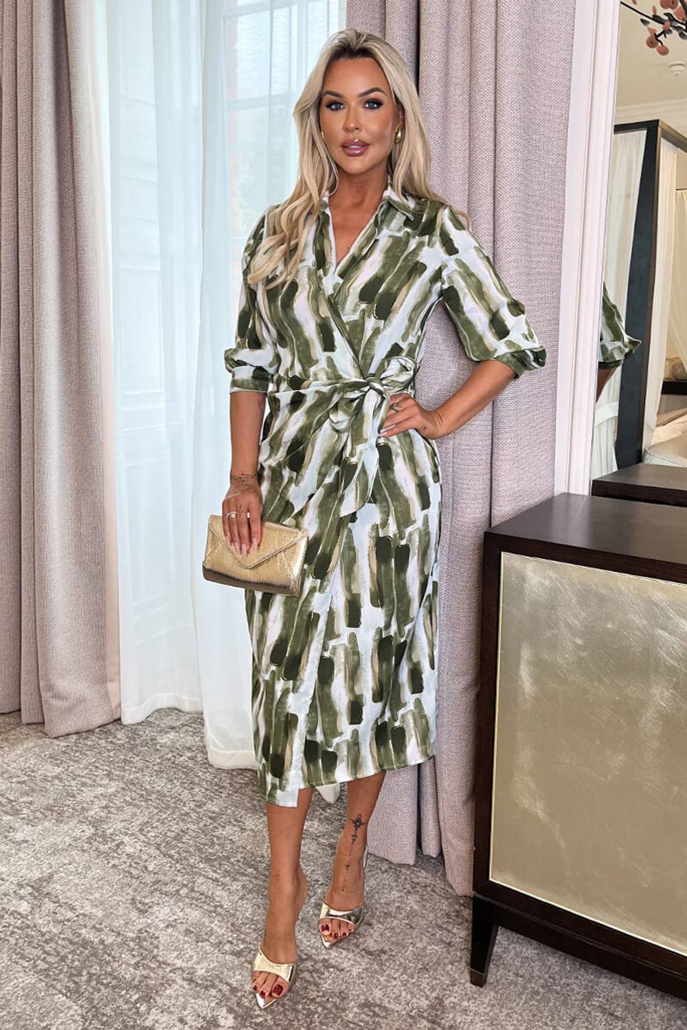 Ax Paris Khaki Brush Stroke Print Sleeve Tie Waist Wrap Shirt Midi Dress