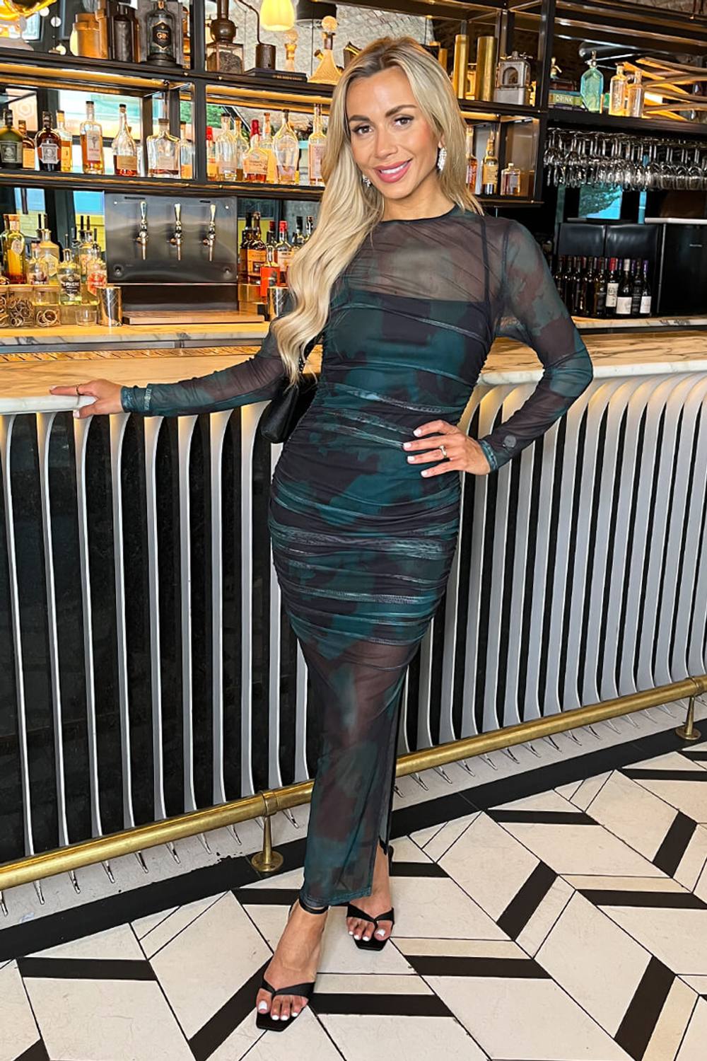 Ax Paris Teal And Black Smudge Print Mesh Overlay Long Sleeve Midi Dress