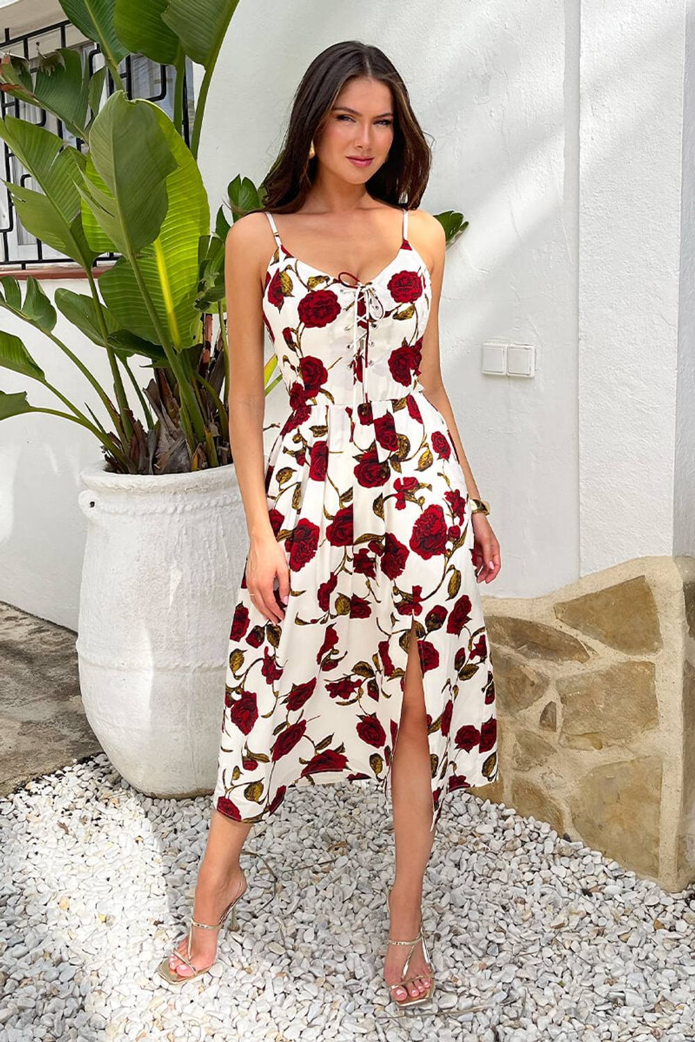 Ax Paris Cream Rose Printed Lace-Up Front Strappy Midi Dress