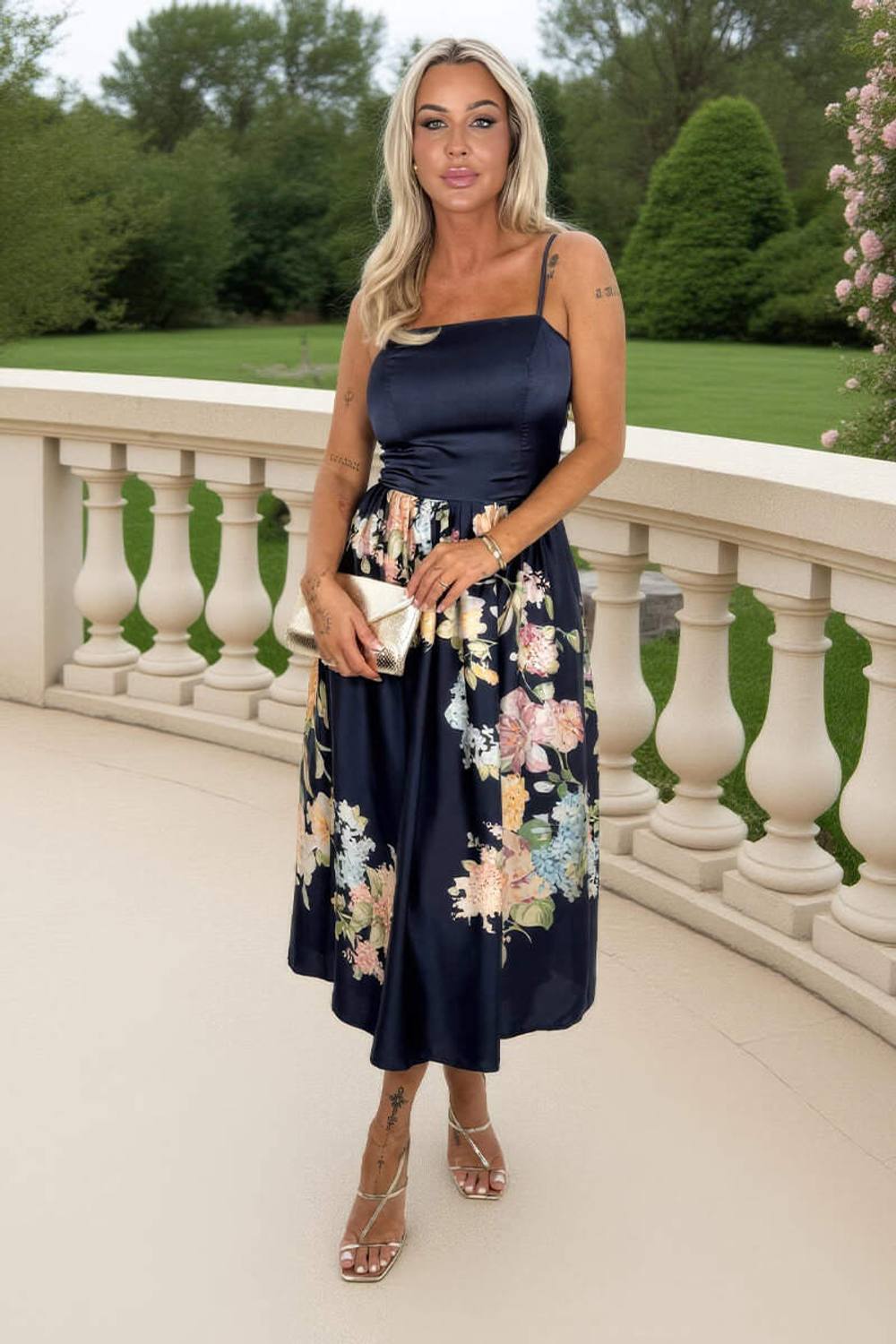 Ax Paris Navy Floral Print Detail Strappy Midi Dress