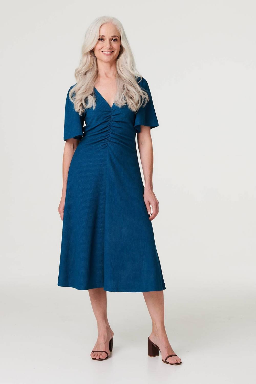 Izabel London Plain Ruched Front Midi Dress In Blue