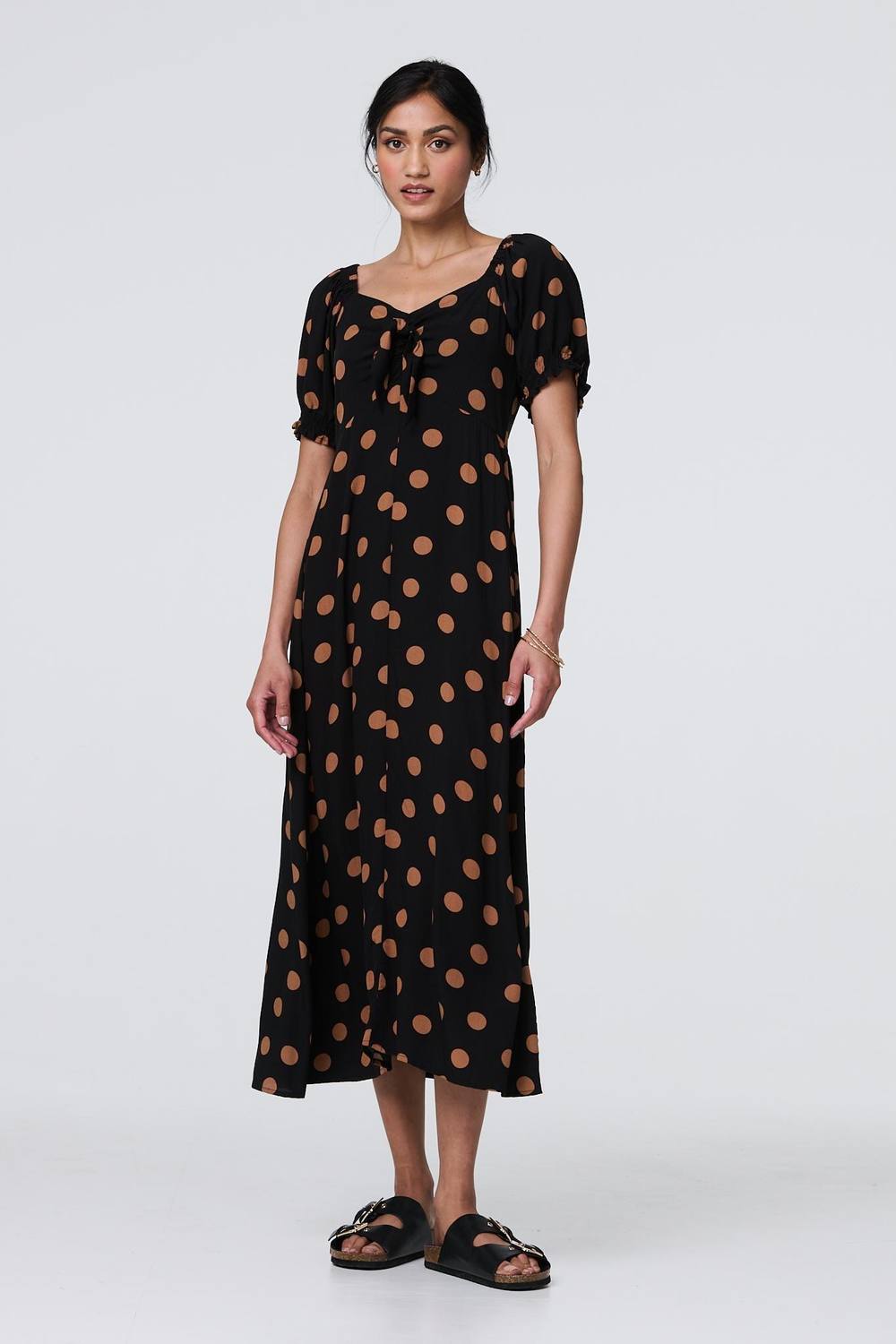 Izabel London Polka Dot Puff Sleeve Midi Dress In Black