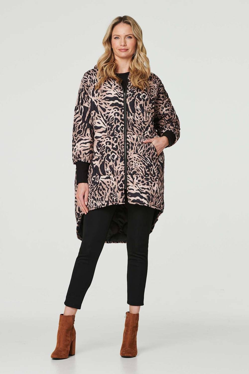 Izabel London Printed Zip Front High Low Coat In Beige