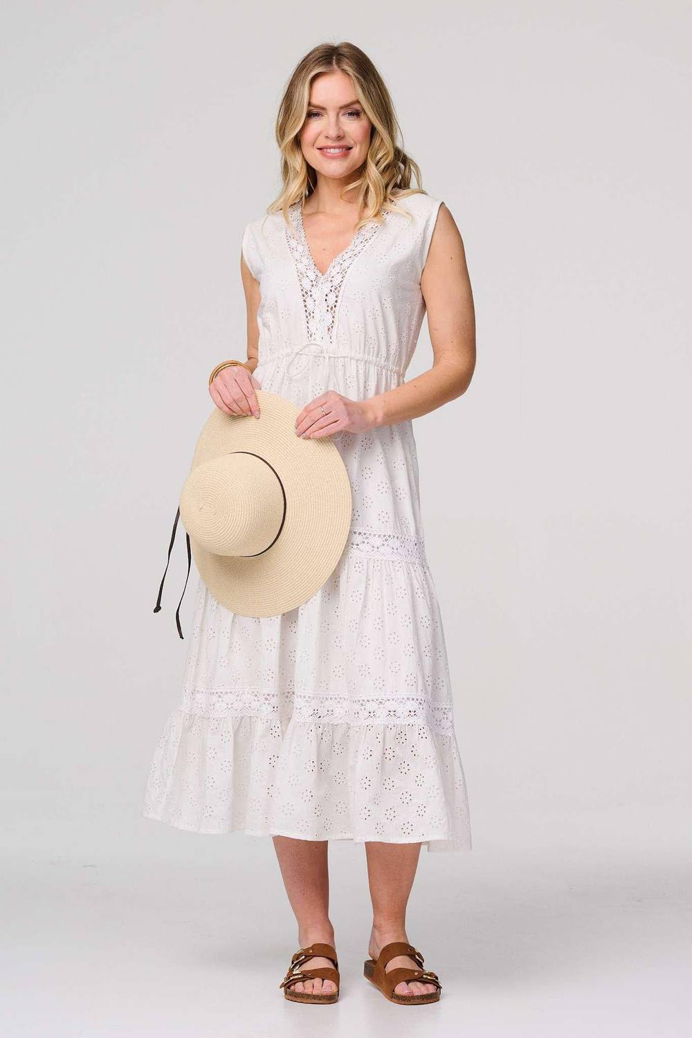 Izabel London Broderie Anglaise Tiered Dress In White