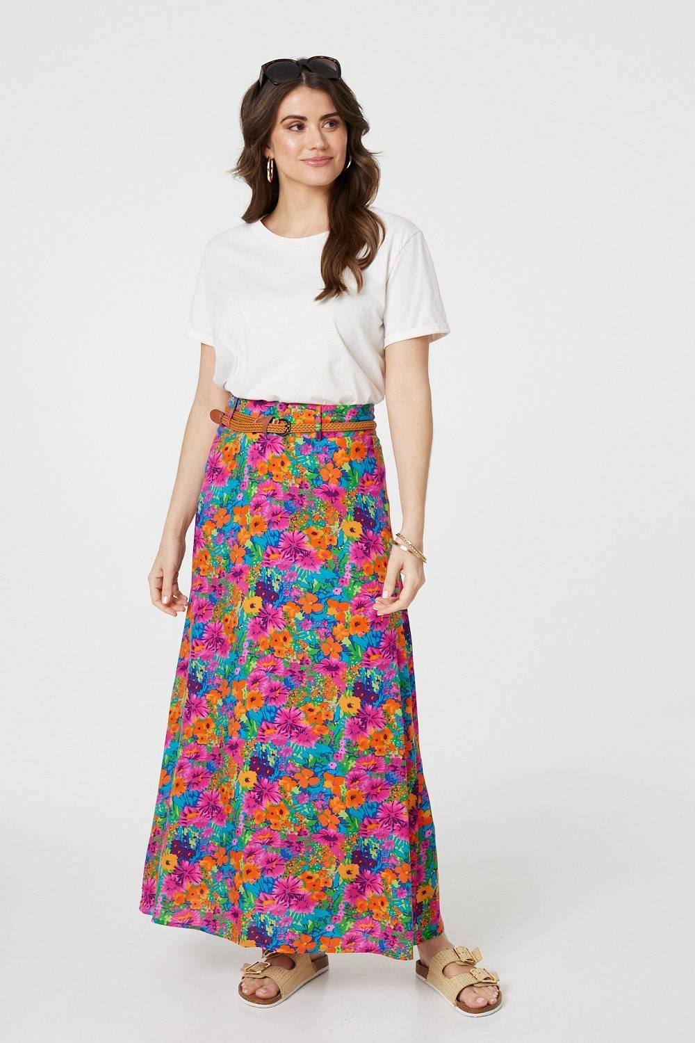 Izabel London Floral Print Belted A-Line Maxi Skirt In Pink