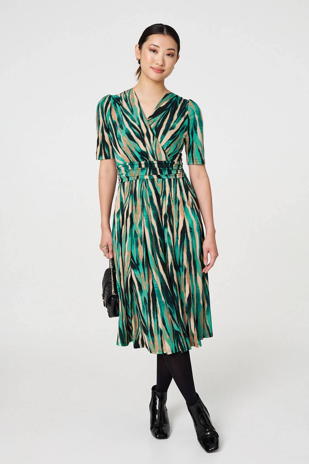 Izabel London Printed Sleeve Wrap Waist Midi Dress In Green