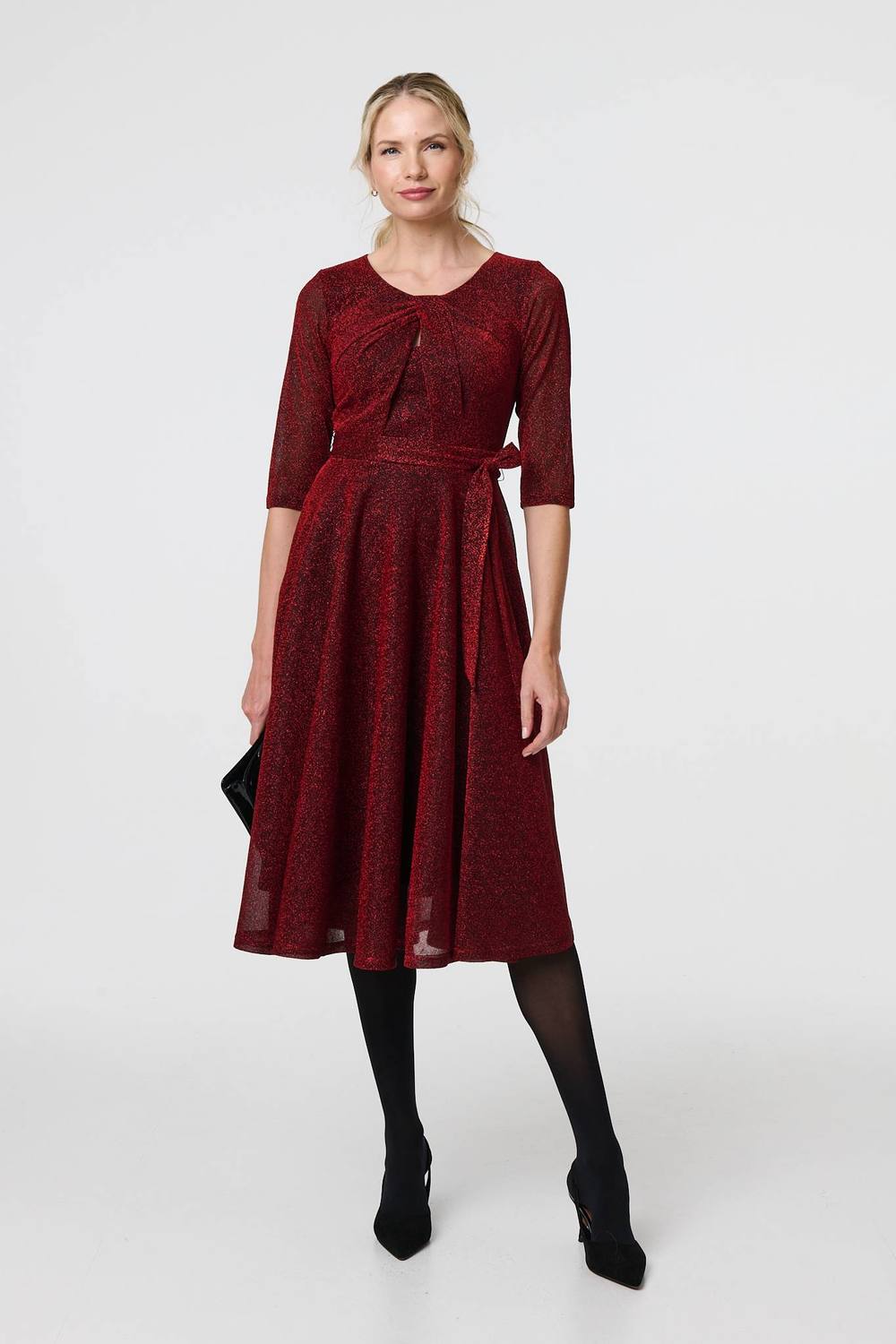 Izabel London Glitter Mesh Twist Front Midi Dress In Red
