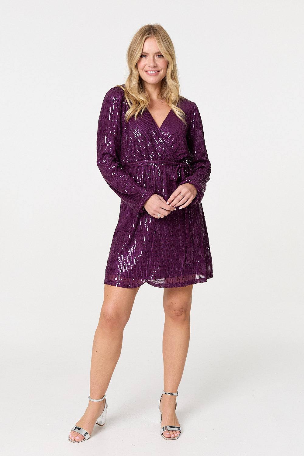 Izabel London Sparkly Sequin Long Sleeve Mini Wrap Dress In Purple