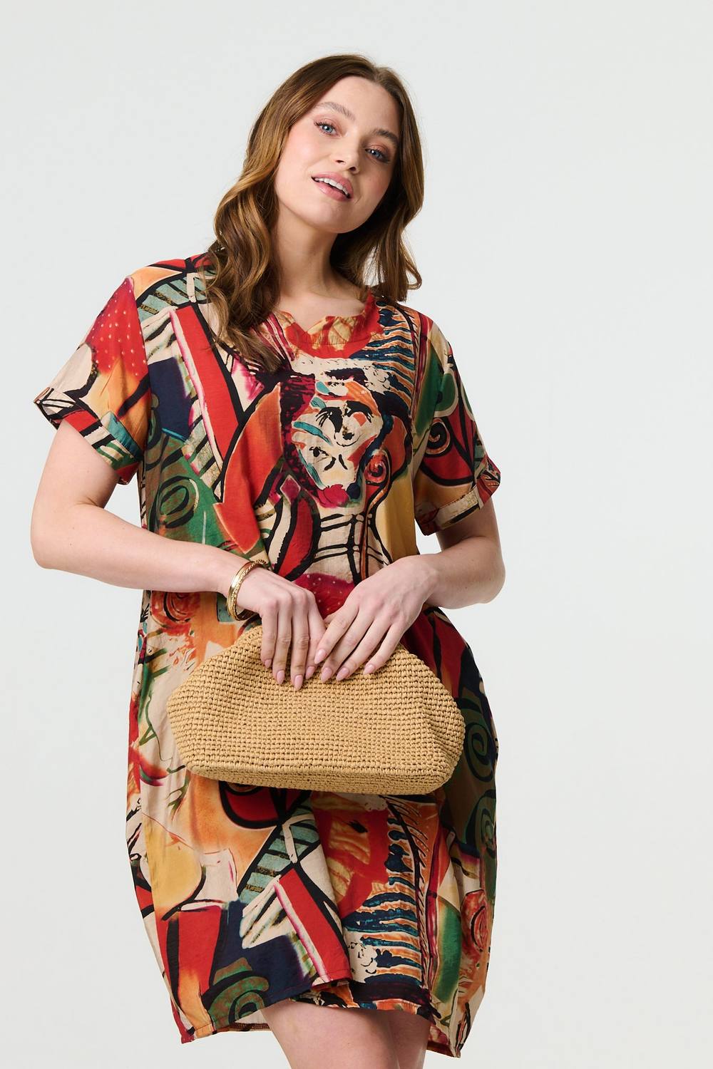 Izabel London Abstract Print Relaxed Short Shift Dress In Orange