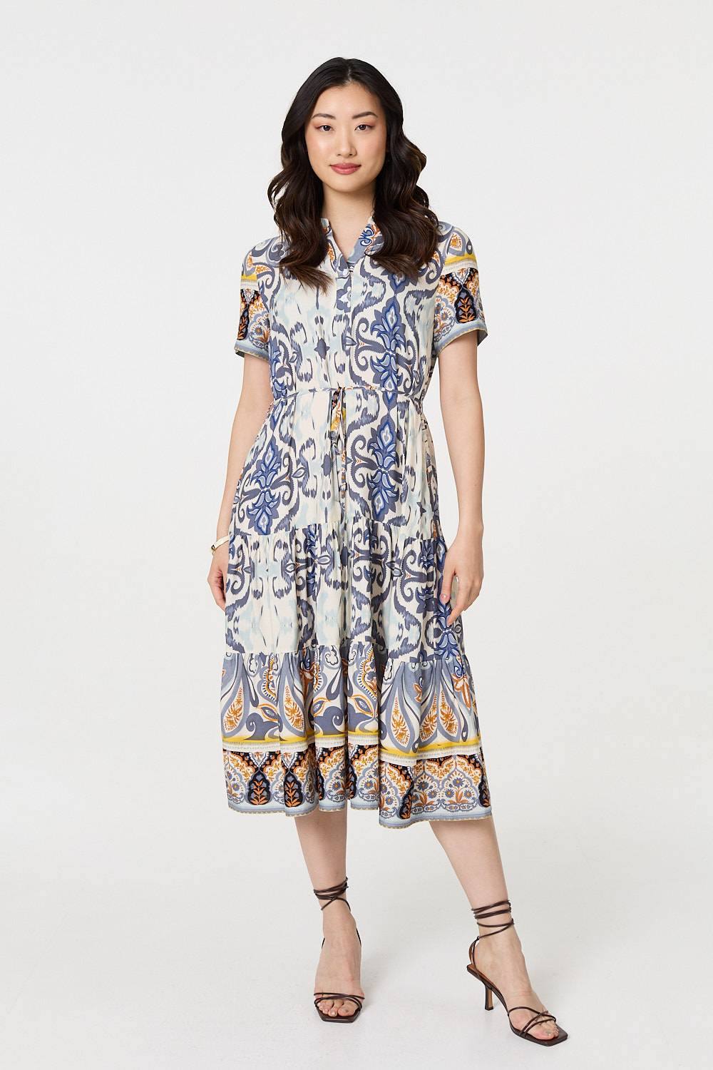 Izabel London Printed Short Puff Sleeve Midi Dress In Grey
