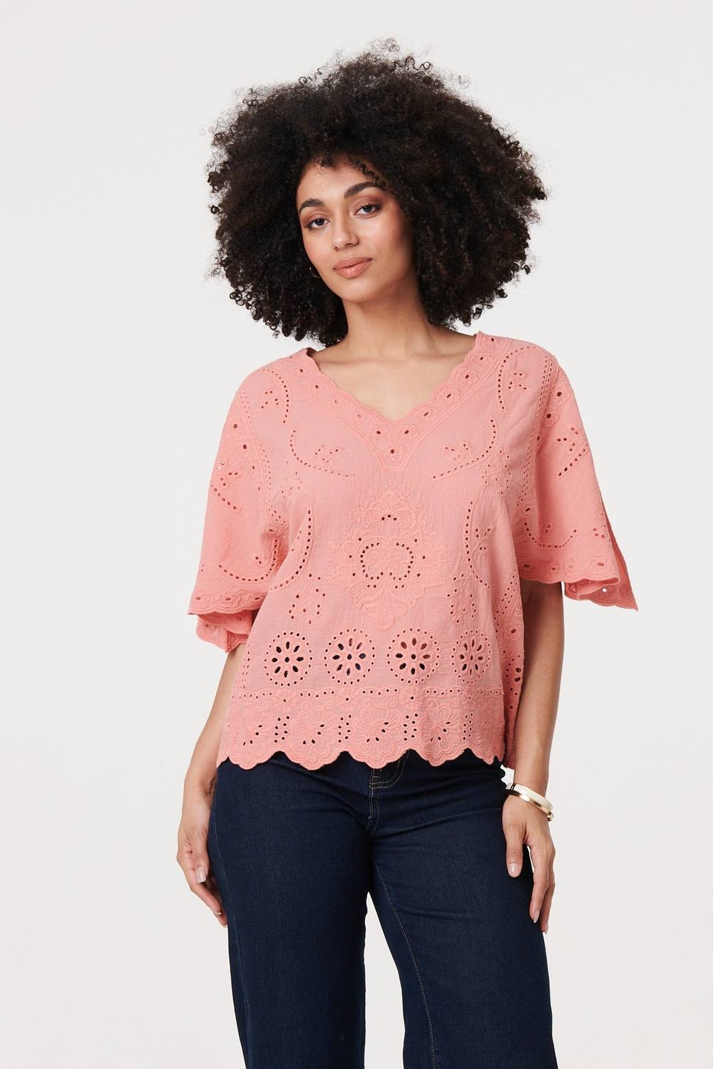 Izabel London Broderie Anglaise Angel Sleeve Blouse In Pink
