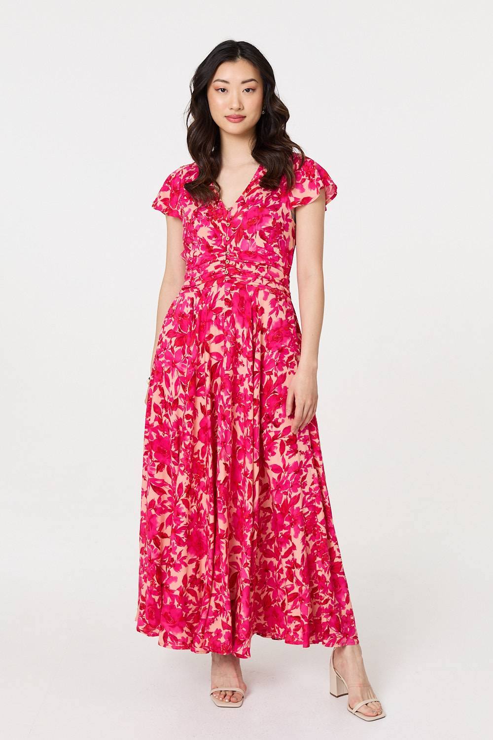 Izabel London Floral Cap Sleeve Ruched Maxi Dress In Pink