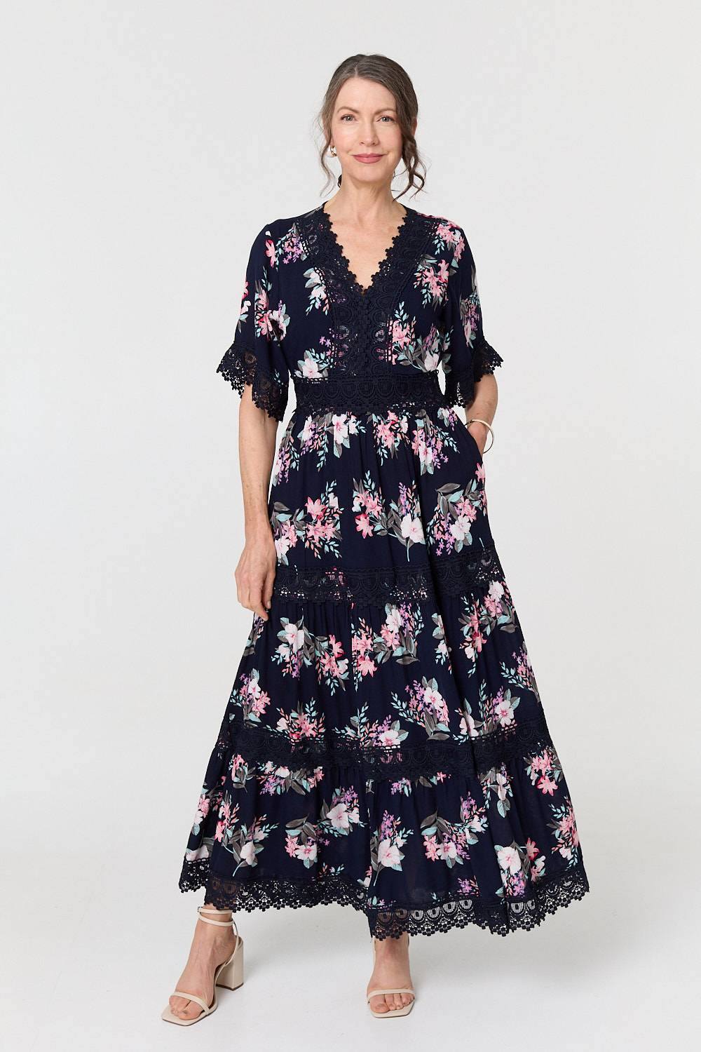 Izabel London Floral Lace Tiered Sleeve Maxi Dress In Blue