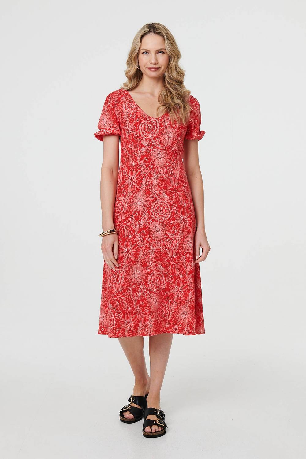 Izabel London Printed Short Puff Sleeve Midi Dress In Red