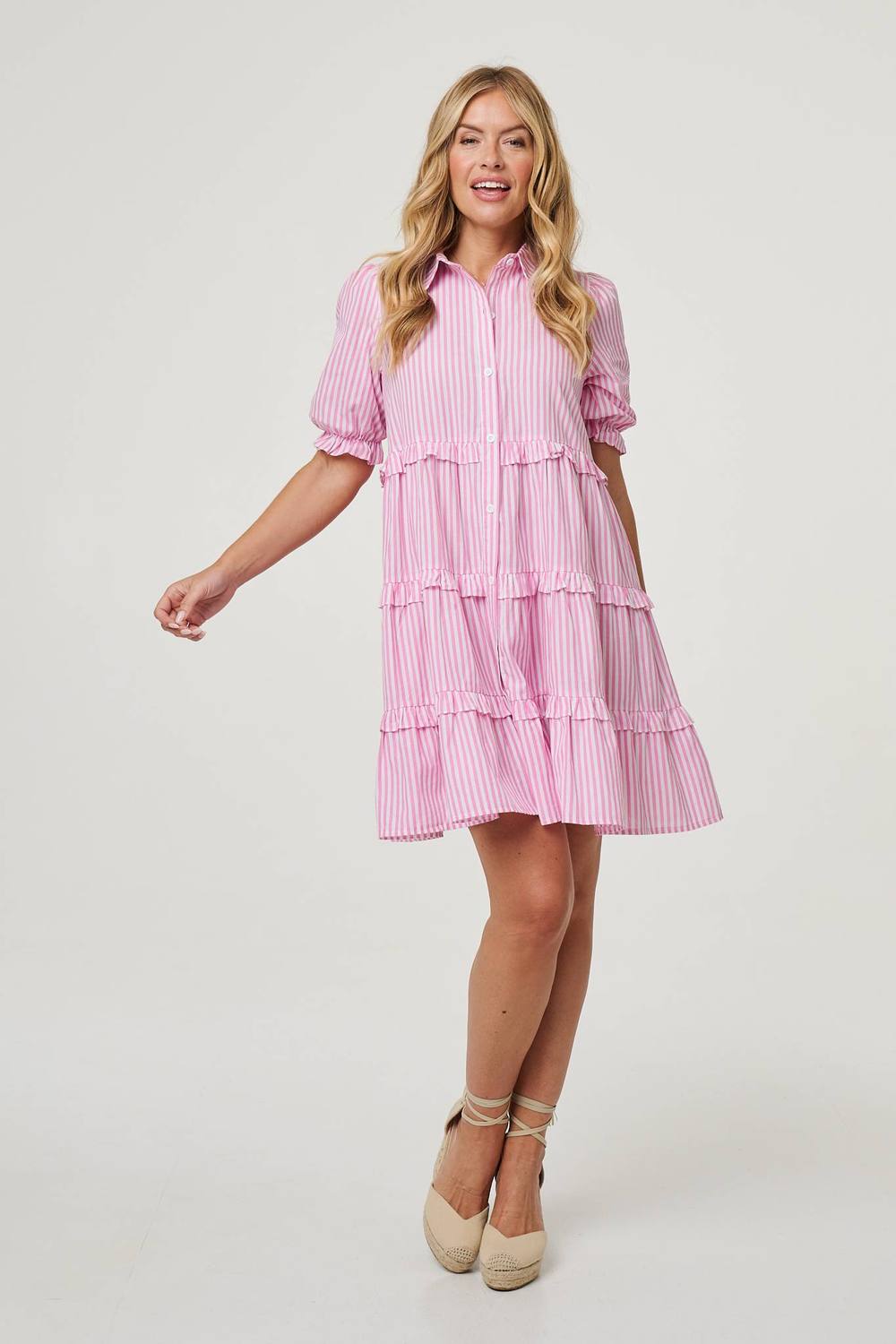 Izabel London Striped Sleeve Short Shirt Dress In Pink