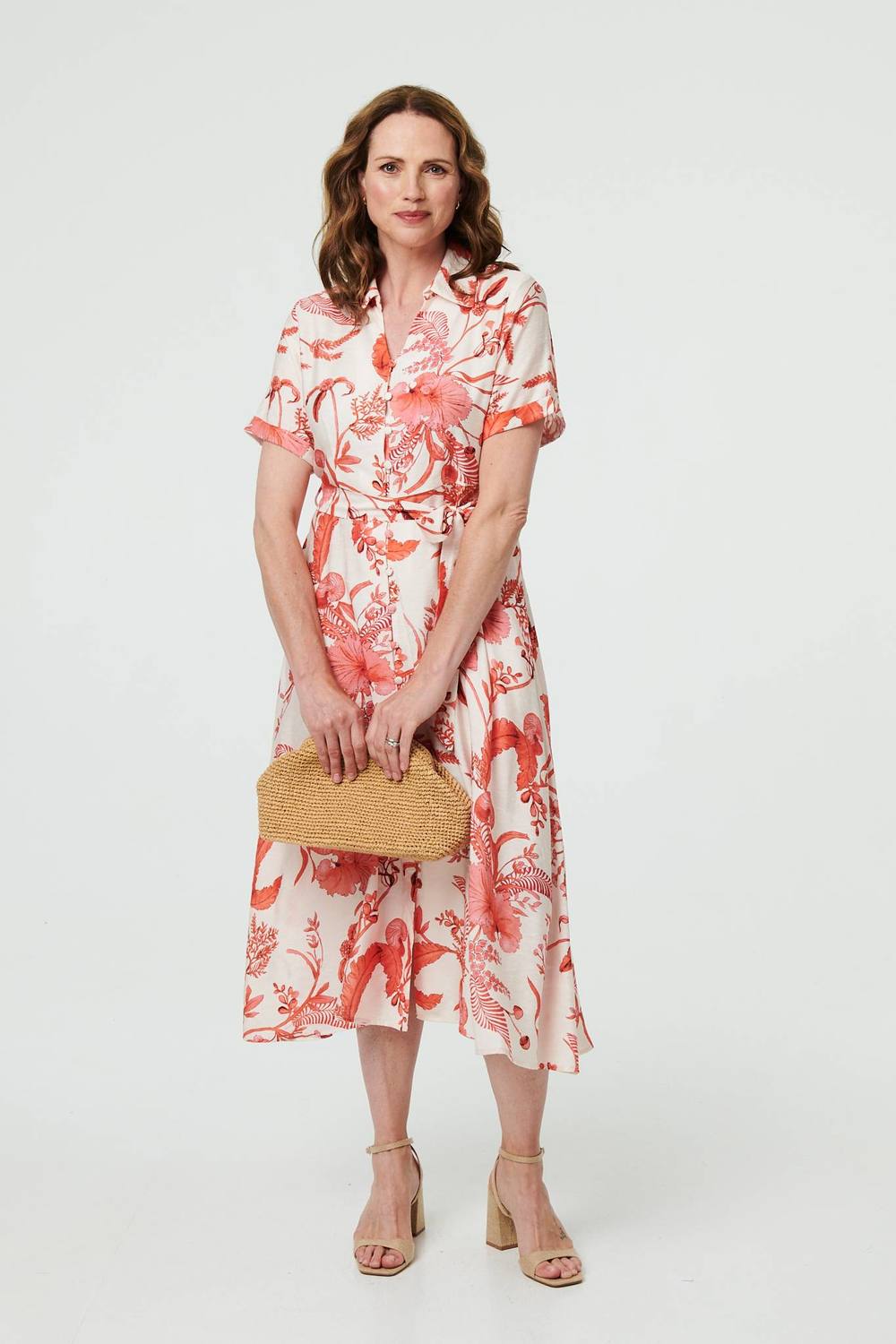 Izabel London Printed Tie Waist Shirt Midi Dress In Pink