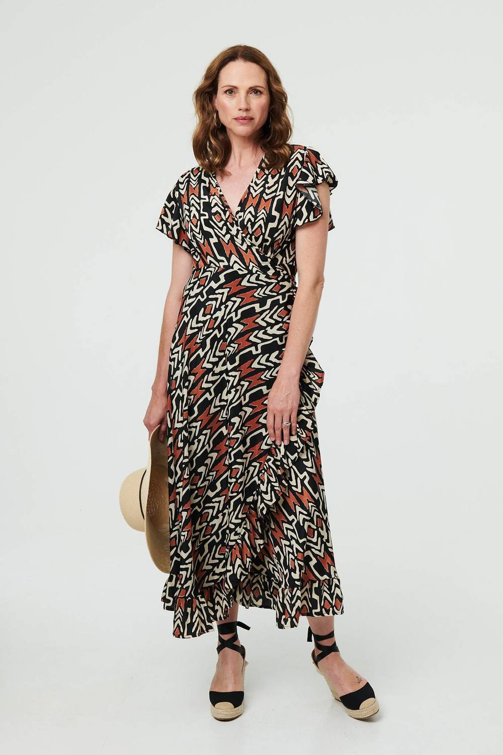 Izabel London Abstract Frilled Sleeve Wrap Midi Dress In Black