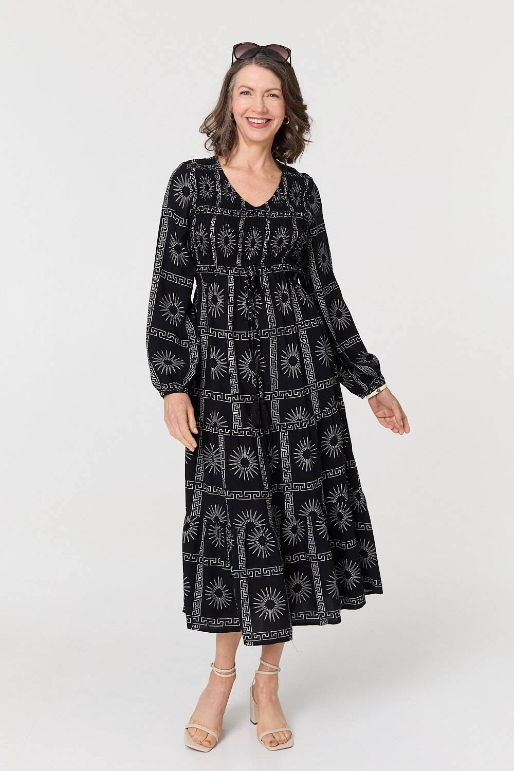 Izabel London Printed Long Sleeve Tie Waist Midi Dress In Black