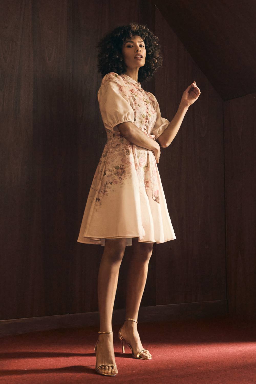 Izabel London Floral Puff Sleeve Knee Length Dress In White