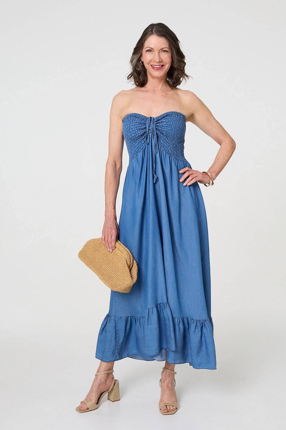 Izabel London Strapless Shirred Frill Hem Maxi Dress In Blue