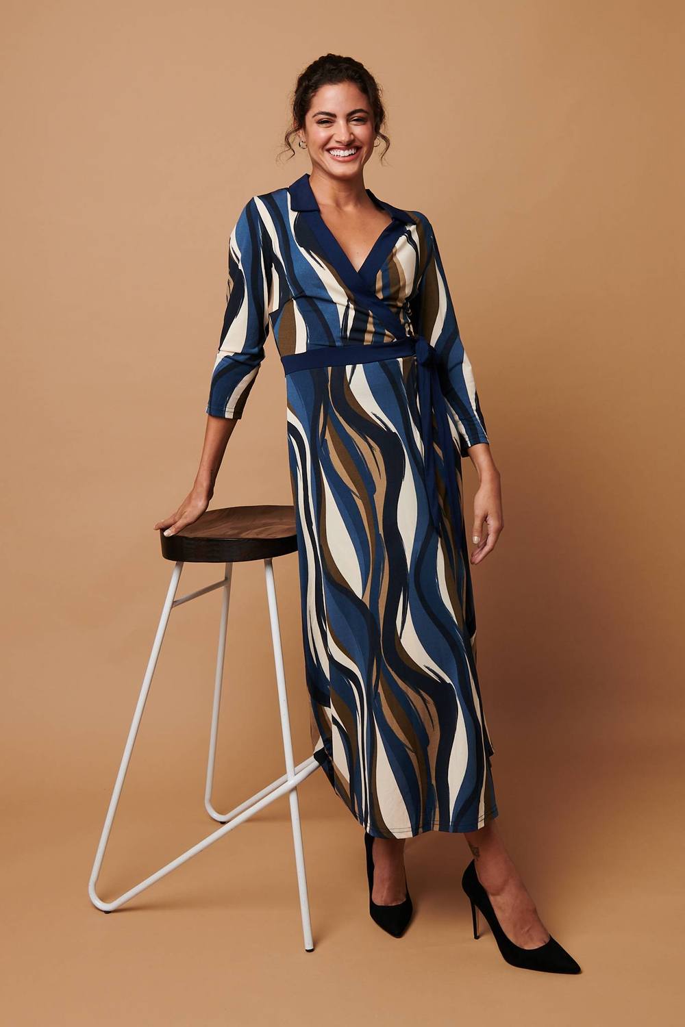 Izabel London Striped Sleeve Midi Wrap Dress In Blue